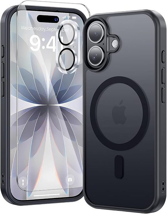 3 in 1 for iPhone 17 Case Matte Black,Fits MagSafe, Screen Protector*1 Camera Lens Protector*1,Matte Skin Feeling Back, Cover Military-Grade Protection