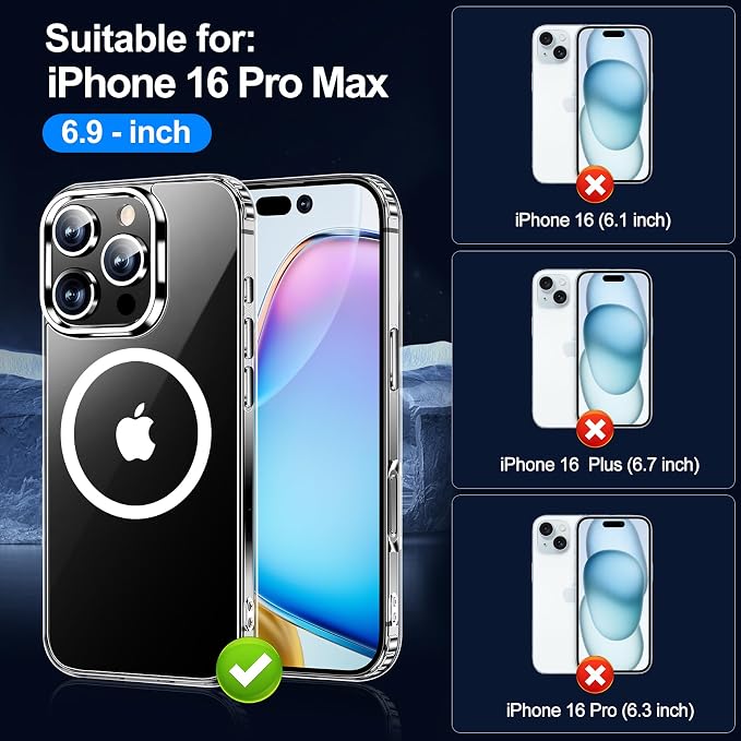 xiwxi for iPhone 16 Pro Max Case, [Compatible with Magsafe], with Screen Protector+Camera Protector, [Military-Grade Drop Protection], Anti-Yellowing Magnetic Phone Case-Clear