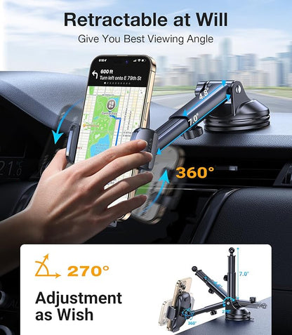 Coolpow 3-in-1 Car Phone Holder Mount【Strongest Suction & Military-Grade】Cell Phone Holders for Your Car Phone Holder Hands Free Camera Mount for for iPhone 17–12, Comfortable Natural Video Recording