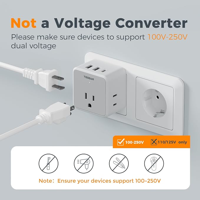TESSAN All European Italy Travel Plug Adapter Kit | International Detachable, 3 Outlet 3 USB Ports (1 USB C), Type C/E/F/L EU Power Adaptor, US to France Germany Spain Greece