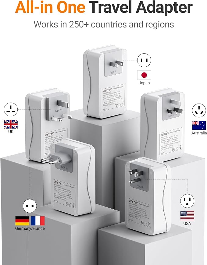 BESTEK Universal Travel Adapter, International Power Adapter with 1 Outlets 4 USB Charging Ports (1 USB C PD 35W), Plugs for EU, UK, US, China, AU, Japan - for Laptop, Phone, Camera
