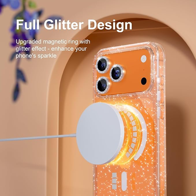 Choiche Magnetic for iPhone 17 Pro Case Compatible with MagSafe, Women Cute Glitter Sparkly Phone Case with Diamond Camera Lens Protectors, Military-Grade Drop Protection 6.3" (Clear)