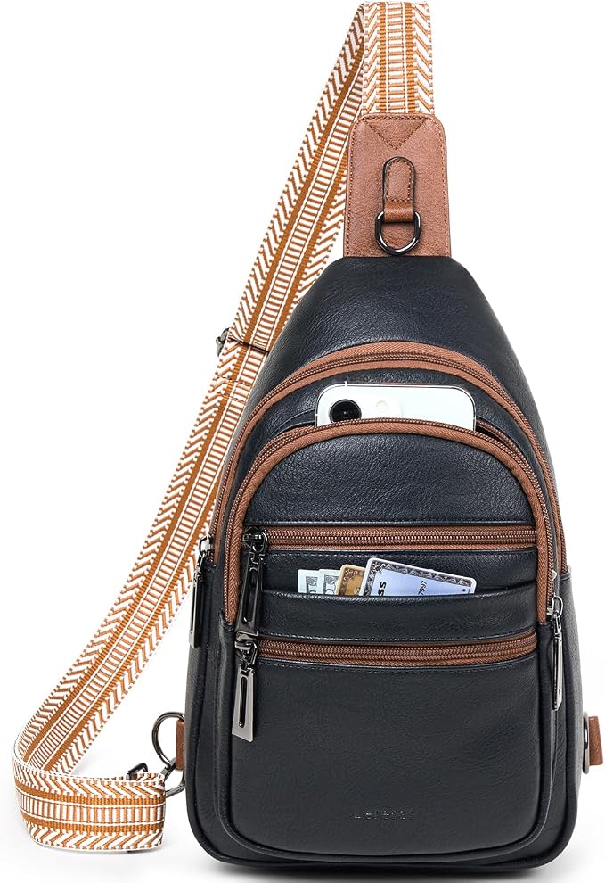 Leresas Sling Bag for Women Crossbody Fanny Cross Body Handbag Sling Purse Vegan Leather Trendy Gifts Travel Shoulder Bag Anti Theft Brown/Black