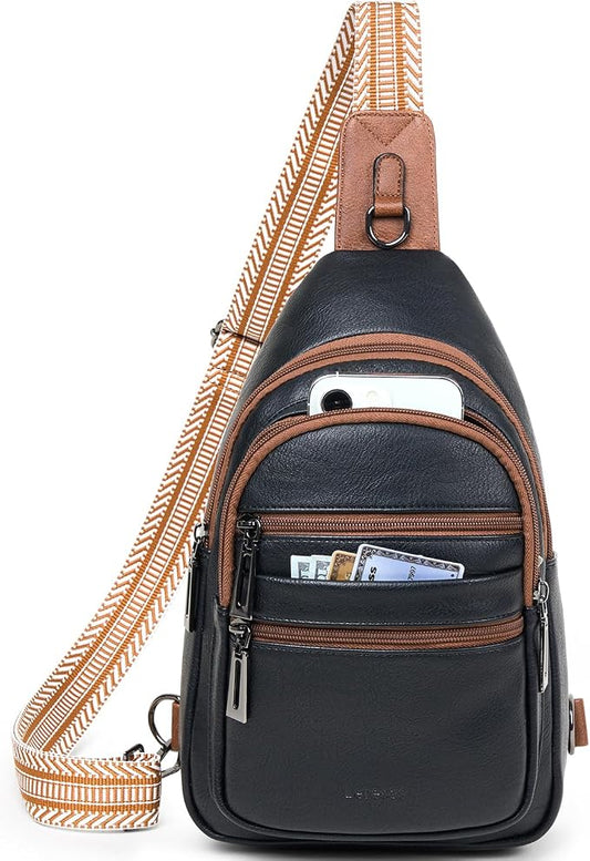 Leresas Sling Bag for Women Crossbody Fanny Cross Body Handbag Sling Purse Vegan Leather Trendy Gifts Travel Shoulder Bag Anti Theft Brown/Black