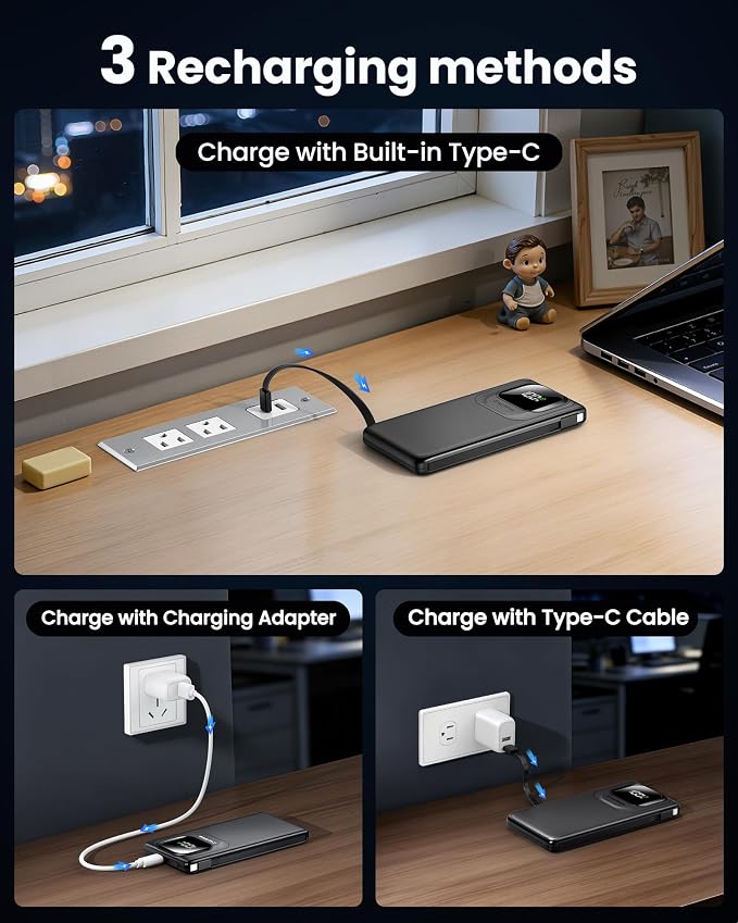 Portable Charger Power Bank with Built-in Cables Fast Charging | 22.5W Type C 10000mAh Phone Charger, Travel Battery Pack Slim Battery Bank with LED Display for iPhone, Android & USB C
