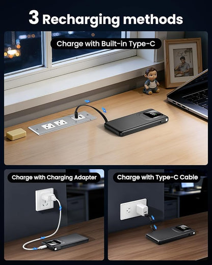 Portable Charger Power Bank with Built-in Cables Fast Charging | 22.5W Type C 10000mAh Phone Charger, Travel Battery Pack Slim Battery Bank with LED Display for iPhone, Android & USB C