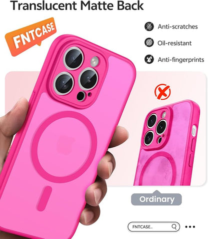 FNTCASE for iPhone 14 Pro Case: [Compatible with Magsafe] Translucent Matte Cases with [Full Camera Protection] [Screen Protector] Military Grade Shockproof Protective Phone Cover - Hot Pink
