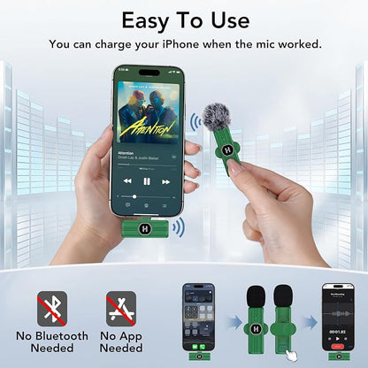 USB C Mini Wireless Lavalier Microphone for iPhone 15 16, iOS and Android Devices - Noise Reduction Lapel Mic for Recording, Clip Omni Lav Mic for Video Recording, Tiktok, Youtube, Vlog (Green)