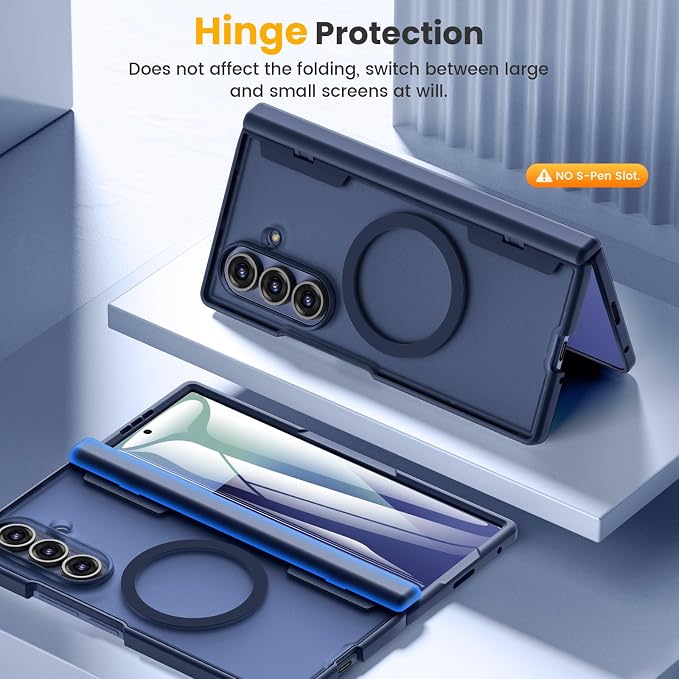 Caka Magnetic for Samsung Galaxy Z Fold 7 Case with Hinge Protection Blue | Compatible with MagSafe, Built-in Outer Screen Protector, Hinge Guard, Translucent Matte Back, 360° Hybrid Drop Defense