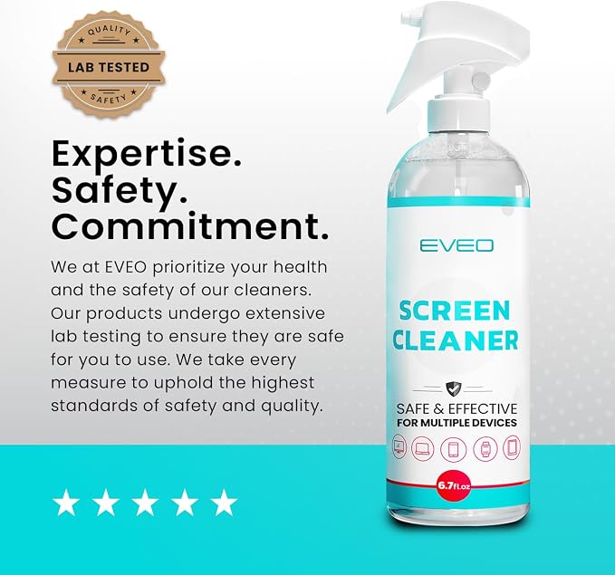 EVEO® Screen Cleaner Spray (Streak-Free) TV Screen Cleaner for Smart TV, LCD, LED, OLED | Computer Screen Cleaner Spray and Wipe Microfiber Cloth for TV, Monitor, Laptop, iPad, Tesla & More - 1 Pack