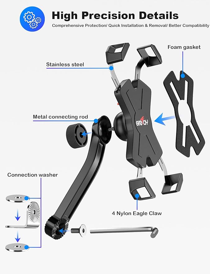 Grefay Motorcycle Phone Mount, Auto Shrink Metal Phone Mount for 4.0-7.0 Inch Smartphone for Motorcycle Rear View Mirror with 360° Rotatabe