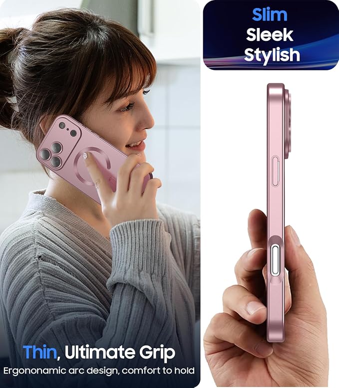 Magnetic for iPhone 17 Pro Max Case, Compatible with MagSafe, Built-in Camera Lens Protector, Slim Thin Soft Silicone Bumper Shockproof Metallic Luster Phone Case, Rose Gold