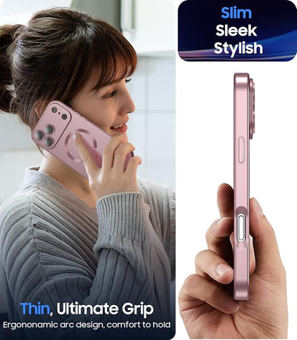 Magnetic for iPhone 17 Pro Max Case, Compatible with MagSafe, Built-in Camera Lens Protector, Slim Thin Soft Silicone Bumper Shockproof Metallic Luster Phone Case, Rose Gold
