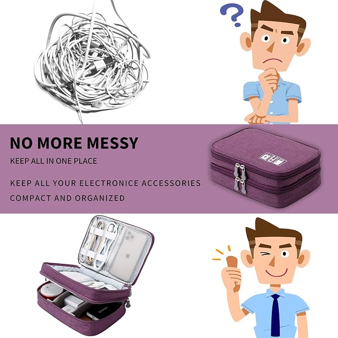 Lanola Travel Cable Organizer Bag, Electronic Accessories Case Portable Double Layer Cable Storage Bag for Cord, Charger, Flash Drive, Phone, SD Card,Personal Items - (Purple)