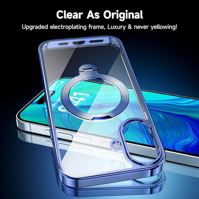 [Tri-Shield Protection] for iPhone 17 Case with 360° Spin Stand Compatible with MagSafe [Magnetic CD Ring] [Screen & Camera Lens Protector] Shockproof Plating Never-Yellowing, Blue-6.3"
