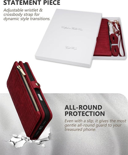 Crossbody Wallet Case for iPhone 17 Pro Max with Mirror, Wrist Strap, Zipper Purse Magnetic Flip, RFID Blocking Card Holder, Wireless Charging, PU Leather Shockproof 6.9" Women (Red)