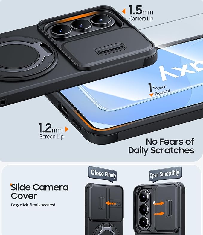 JAME for Samsung Galaxy S26+ Plus Case, Ring Holder Stand Kickstand, Slide Camera Cover with Screen Protector, Dual-Layer Shockproof Protective, Magnetic Accessory Friendly S26 Plus Phone Case, Black