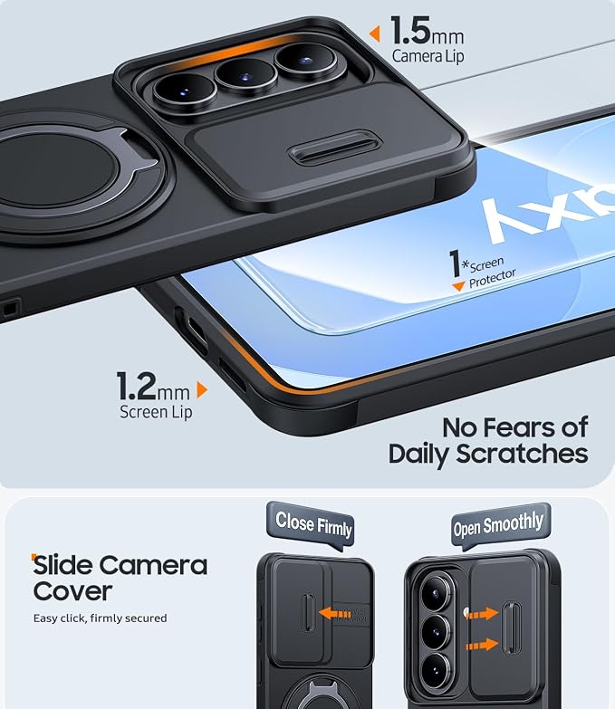 JAME for Samsung Galaxy S26 Case, Ring Holder Stand Kickstand, Slide Camera Cover with Screen Protector, Dual-Layer Shockproof Protective, Magnetic Accessory Friendly Galaxy S26 Phone Case, Black
