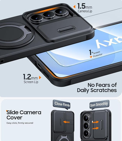 JAME for Samsung Galaxy S26 Case, Ring Holder Stand Kickstand, Slide Camera Cover with Screen Protector, Dual-Layer Shockproof Protective, Magnetic Accessory Friendly Galaxy S26 Phone Case, Black