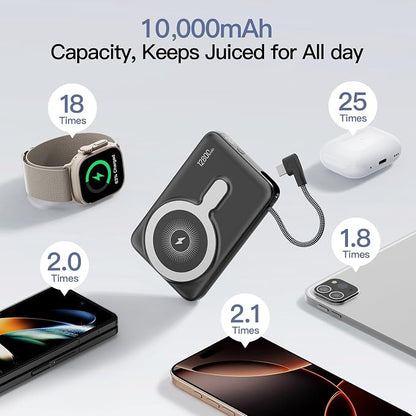 2026 Updated M3 Ultra Slim 0.4'' Wireless Power Bank, 10000mAh Magnetic Portable Charger with Built in Cable and Strap, LED Battery Pack Travel Essentials for iPhone 17/16/15/14/13/12/Pro Max Andriod