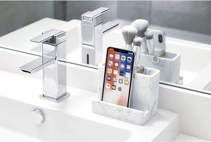 iDesign 28250 Dakota Resin Marble Vanity Center for Toothbrush, Cell Phone, Bathroom Countertops, Desks, Vanities, Dorm, Office - White Marble and Satin Metal Accents