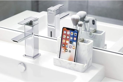 iDesign 28250 Dakota Resin Marble Vanity Center for Toothbrush, Cell Phone, Bathroom Countertops, Desks, Vanities, Dorm, Office - White Marble and Satin Metal Accents