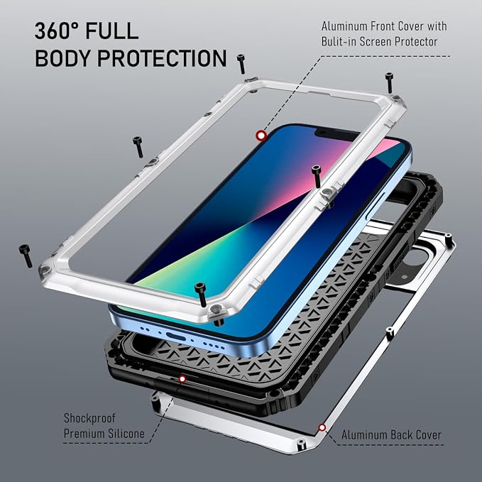 Beasyjoy for iPhone 13 Case Waterproof, Metal Phone Case with Built-in Screen Protector, Heavy Duty Full Body Protective Military Grade Shockproof Rugged Defender Cover 6.1 Inch, Silver