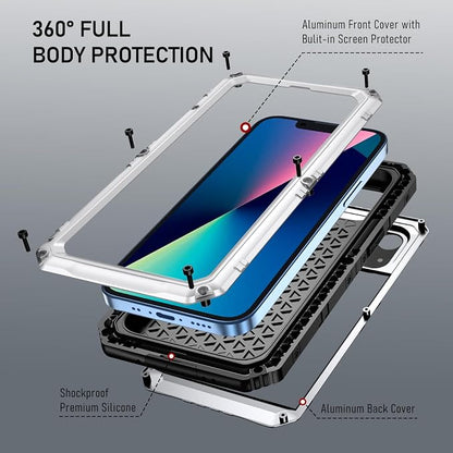 Beasyjoy for iPhone 13 Case Waterproof, Metal Phone Case with Built-in Screen Protector, Heavy Duty Full Body Protective Military Grade Shockproof Rugged Defender Cover 6.1 Inch, Silver