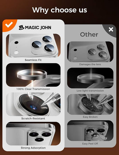MAGIC JOHN for iPhone 17 Pro Max Camera Lens Protector 6.9'', HD Clear, Magnetic Tempered-Glass Lens Film, Ultra-Tough, Anti-Scratch, Case Friendly, 2 Pack,Sliver