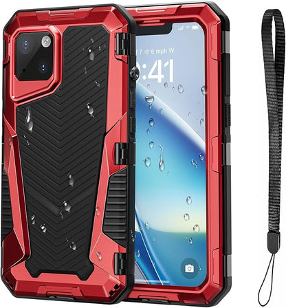 Mitywah for iPhone 14 Case with Buckle, IP68 Waterproof Military Metal Case with Built-in Screen and Camera Protector, Heavy Duty Full Body Drop Proof Shockproof Phone Cover 6.7 inch, Red