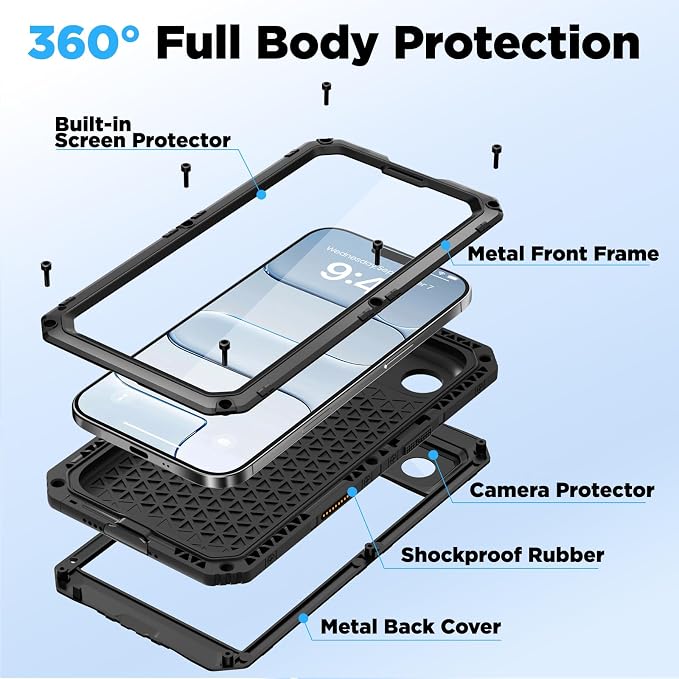 Beasyjoy for iPhone Air Case Waterproof, Heavy Duty Metal Full Body Protection, Built-in Screen Protector, Military Grade Shockproof Rugged Hard Phone Cover for iPhone 17 Air 6.5", Black