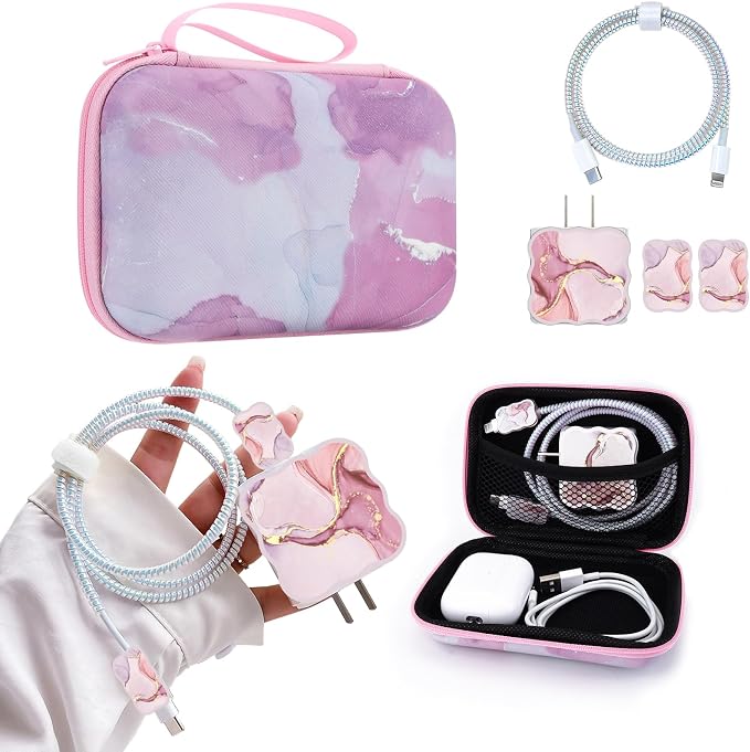 CameCosy DIY Phone Charger Cover Storage Sets USB Earphone Wire Saver Cable Organizer with Travel Storage Bag, Soft Cute Cable Protector Cord Organizer Compatible for iPhone(Pink Marble)