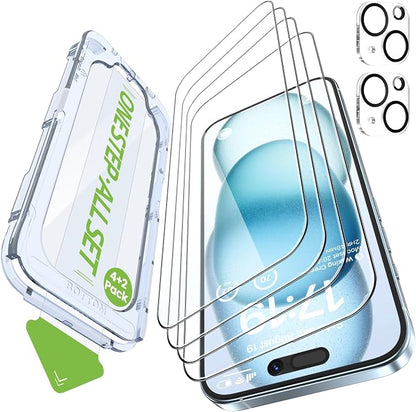 iGluz 4 Pack for iPhone 15 Screen Protector with 2-Pack Camera Lens Protector[99.99% HD Clear][9H Tempered Glass][Bubble Free][Easy Installation][Smooth Touch][Anti-fingerprint],4+2 Dual Protection