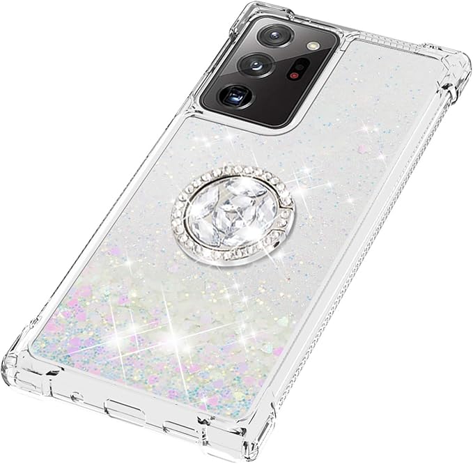 Glitter Phone Case for Galaxy Note 20 Ultra, Bling Liquid Case Bumper Protective Cover with Ring Holder Silicone Shockproof Case Transparent Back Case Compatible with Samsung Galaxy Note 20 Ultra