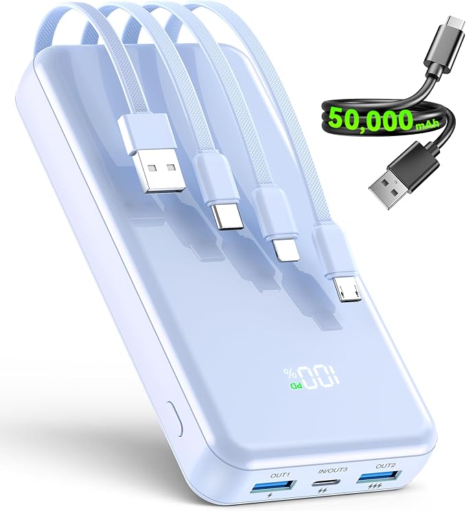 Portable Charger,50000mAh Power Bank Built-in Cable, 22.5W PD USB C In & Out Fast Charging, External Battery Pack with 6 Output & 2 Input, Travel Phone Charger for iPhone 17/16/15/14/13/12(Azure)