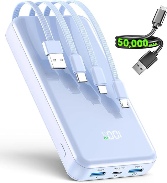 Portable Charger,50000mAh Power Bank Built-in Cable, 22.5W PD USB C In & Out Fast Charging, External Battery Pack with 6 Output & 2 Input, Travel Phone Charger for iPhone 17/16/15/14/13/12(Azure)