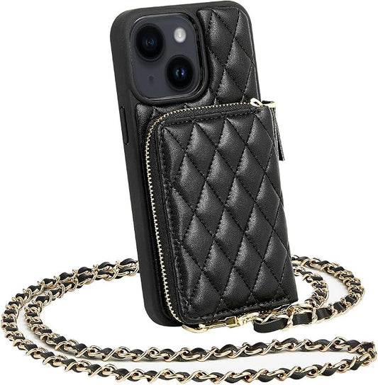LAMEEKU for iPhone 15 Wallet Case, Crossbody RFID Blocking Card Holder Case, Quilted Leather Zipper Pouch, Wrist Strap Lanyard Chain Handbag Purse Cover Gift for Women for Apple iPhone 15 6.1" Black