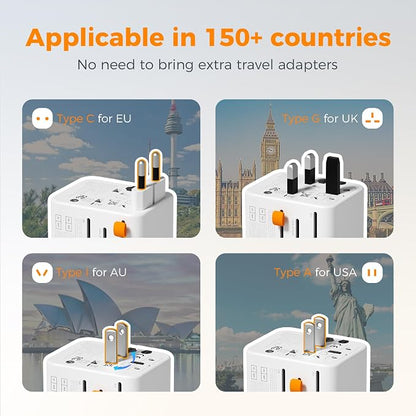 TESSAN Universal Travel Adapter, International Power Adapter | Extra 2 Prong AC Outlet, 5 USB Ports (3 USB C), 28W, Worldwide Plug for US to Europe UK Australia Ireland, Type C G A I