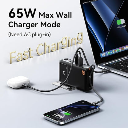 Selore&S-Global 3-in-1 Portable Phone Charger with Wall Plug, 10000mAh USB-C Power Bank with Built in Cable, 35W Portable Battery Pack for iPhone Samsung Android & 65W Wall Charger for Laptop MacBook