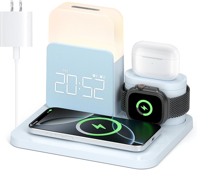 Alarm Clock Charging Station for Bedrooms, 7 in 1 Wireless Charging Station, Magnetic Charger with Night Light Bedside Clock for iPhone 17 16 15 14 13 12 Pro Max, Apple Watch, AirPods (Blue)