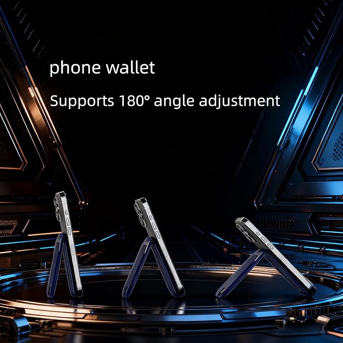 Upgraded for Magsafe Wallet, Strong Magnetic Phone Wallet with Adjustable Stand, Built in Makeup Mirror, 5 Card Holder, RFID Blocking (Deep Blue Fold)