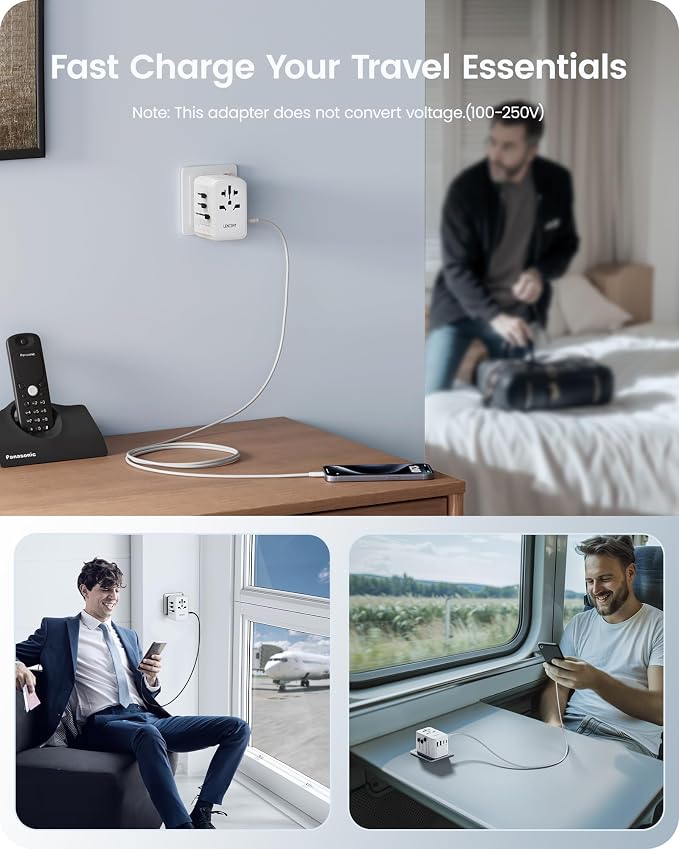 LENCENT 65W International Travel Adapter, Universal Travel Adapter | with 2 USB-A & 3 PD Type C Power Outlet, Fast Charging for Phone,Laptops, All-in-One Outlet Converter for USA/UK/EU/AUS-White