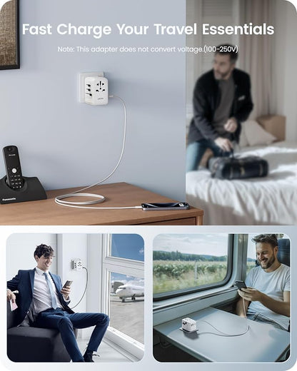 LENCENT 65W International Travel Adapter, Universal Travel Adapter | with 2 USB-A & 3 PD Type C Power Outlet, Fast Charging for Phone,Laptops, All-in-One Outlet Converter for USA/UK/EU/AUS-White