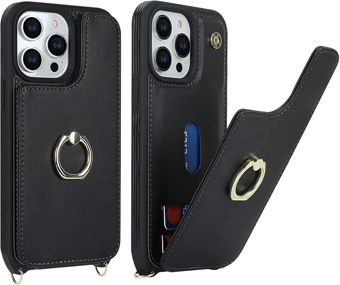 Lipvina for iPhone 13 Pro Case with Card Holder and Strap for Women,Crossbody Lanyard,RFID Blocking,Kickstand Ring Stand,Snap Clasp,Phone Wallet Cases 6.1 inch(Black)