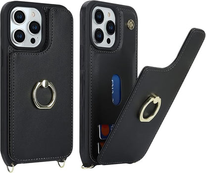 Lipvina for iPhone 13 Pro Case with Card Holder and Strap for Women,Crossbody Lanyard,RFID Blocking,Kickstand Ring Stand,Snap Clasp,Phone Wallet Cases 6.1 inch(Black)