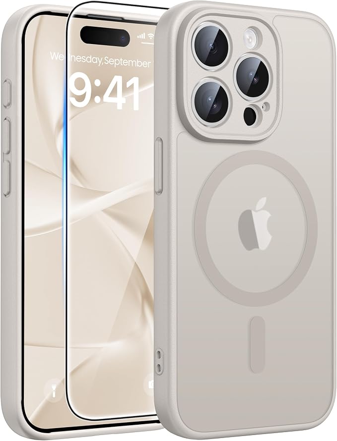 FNTCASE for iPhone 15 Pro Max Case: [Compatible with Magsafe] Translucent Matte Cases with [Full Camera Protection] [Screen Protector] Military Grade Shockproof Protective Phone Cover - Off White