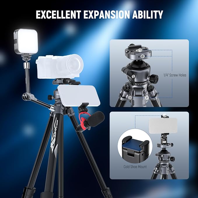 NEEWER LITETRIP LT07 61" Aluminum Travel Camera Tripod, Portable Stand with Ball Head Dual Axis Cell Phone Holder Arca QR Plate Compatible with iPhone for Video Recording, Max Load 22lb