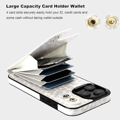 HAOPINSH for iPhone 16 Pro Max Wallet Case with Card Holder, 360°Rotation Ring Kickstand, White Leopard Pattern, RFID Blocking Leather for Girls Women, Double Buttons Protective Cover 6.9"