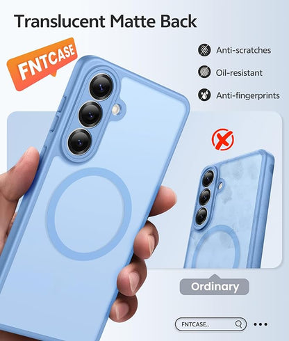 FNTCASE for Samsung Galaxy S26+ Plus Case: [Fit for Magsafe] [Full Camera Protection + Screen Protector] Translucent Matte Military Grade - Shockproof Protective Phone Cover for S26 Plus - Light Blue