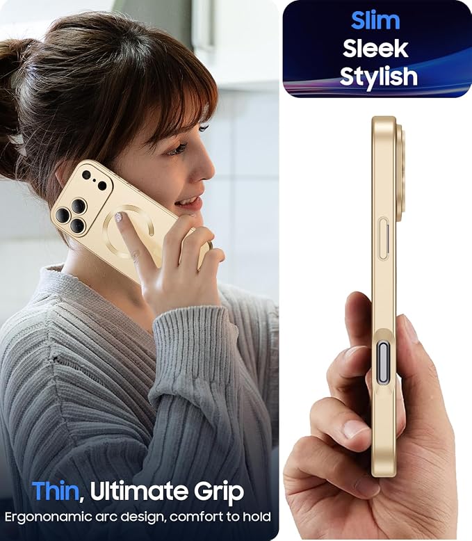Magnetic for iPhone 17 Pro Max Case, Compatible with MagSafe, Built-in Camera Lens Protector, Slim Thin Soft Silicone Bumper Shockproof Metallic Luster Phone Case, Gold